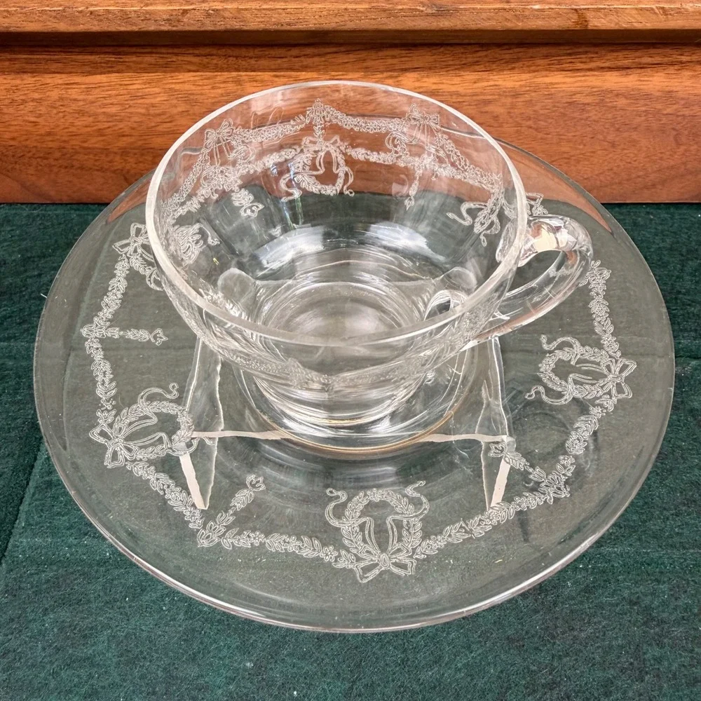Fostoria Garland Etched Glass Teacup and 8 Saucers Set Clear Vintage Holiday